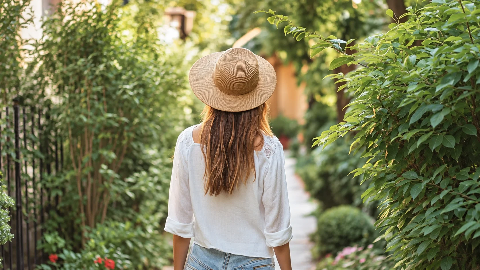 Donna di spalle con cappello lungo un viale alberato